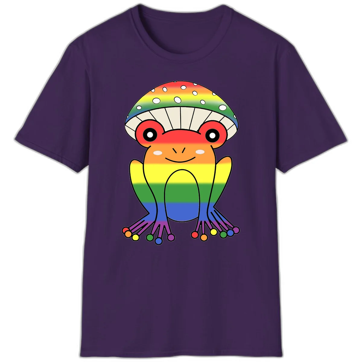 Cute rainbow mushroom character with spotted cap, large smiling eyes, and colorful gradient-filled body in pride colors in Purple