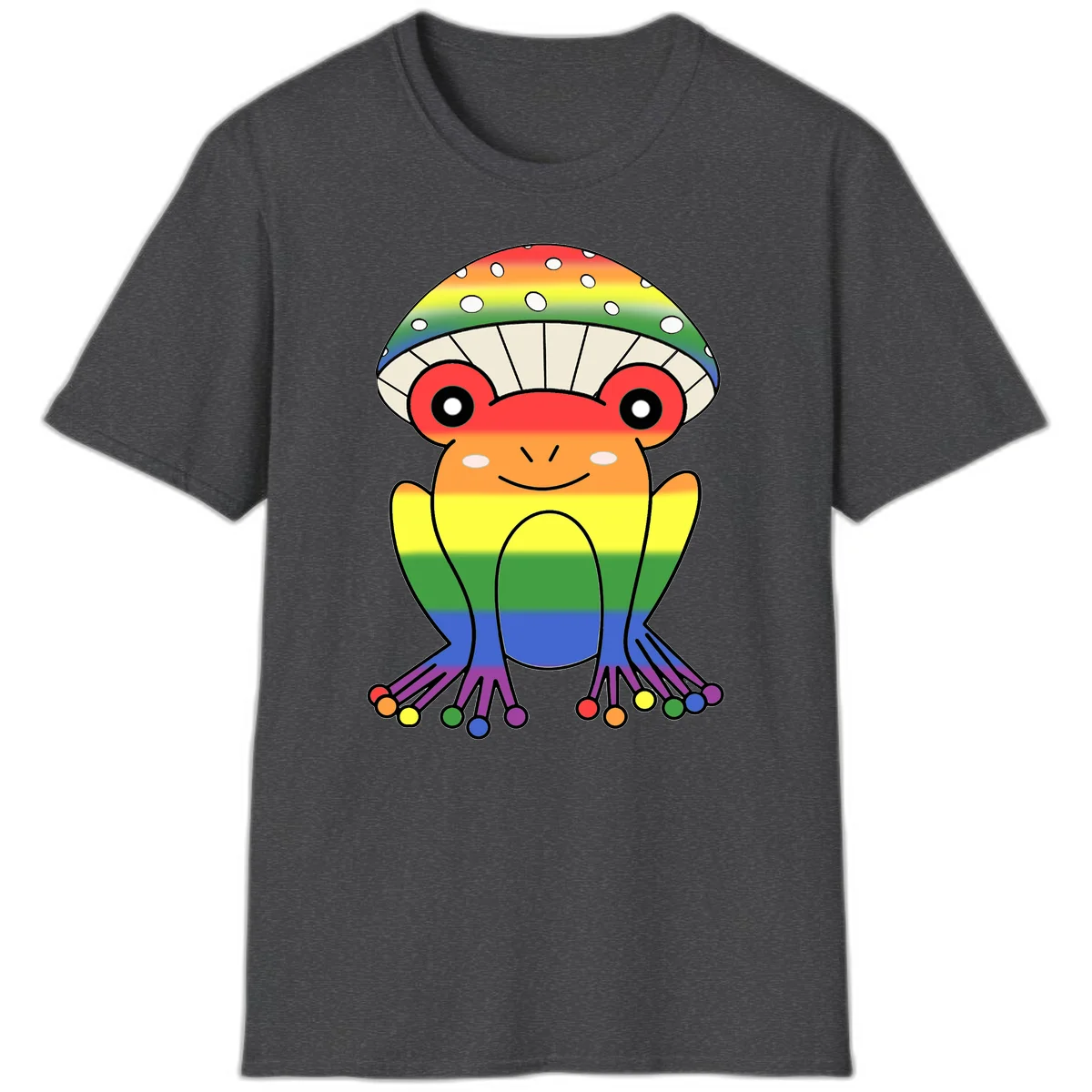 Cute rainbow mushroom character with spotted cap, large smiling eyes, and colorful gradient-filled body in pride colors in Dark Heather