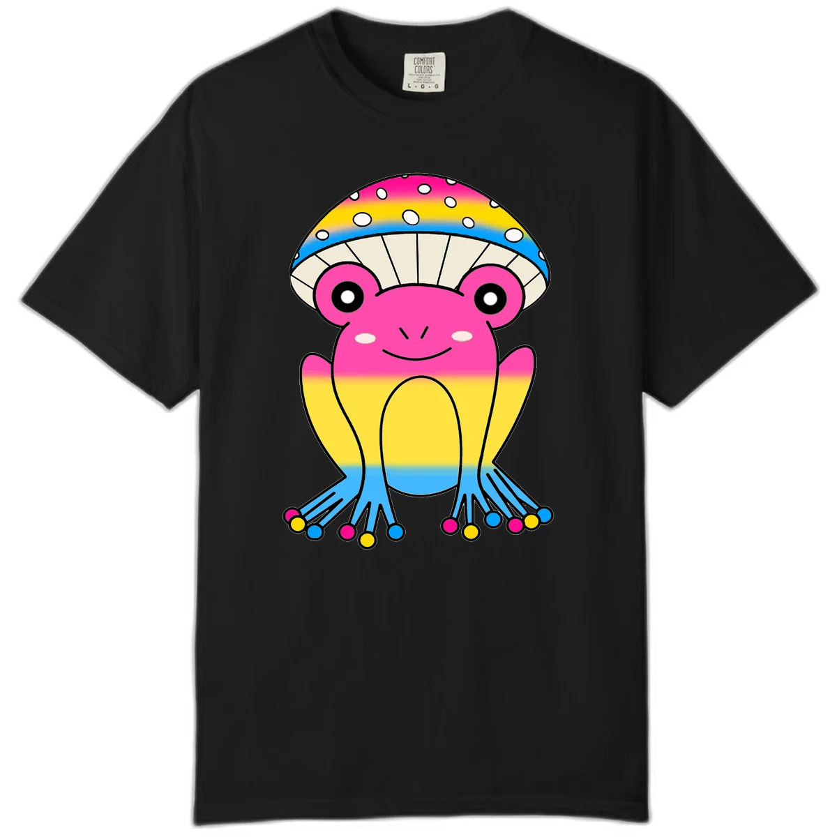 Smiling rainbow jellyfish character with magenta body, gradient stripes, large eyes, and colorful polka-dot tentacles in Black