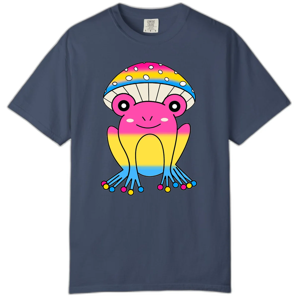 Smiling rainbow jellyfish character with magenta body, gradient stripes, large eyes, and colorful polka-dot tentacles in Midnight