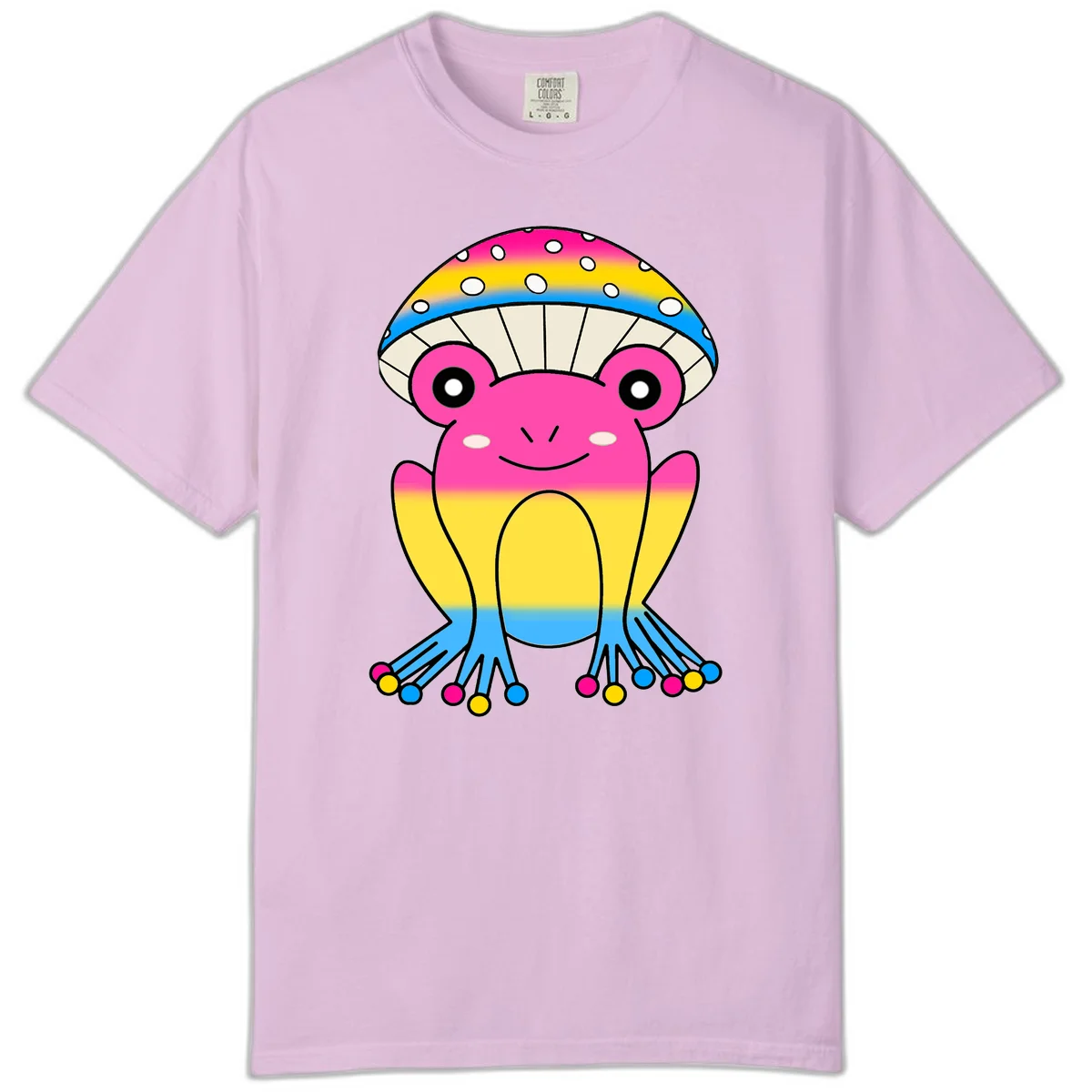 Smiling rainbow jellyfish character with magenta body, gradient stripes, large eyes, and colorful polka-dot tentacles in Orchid