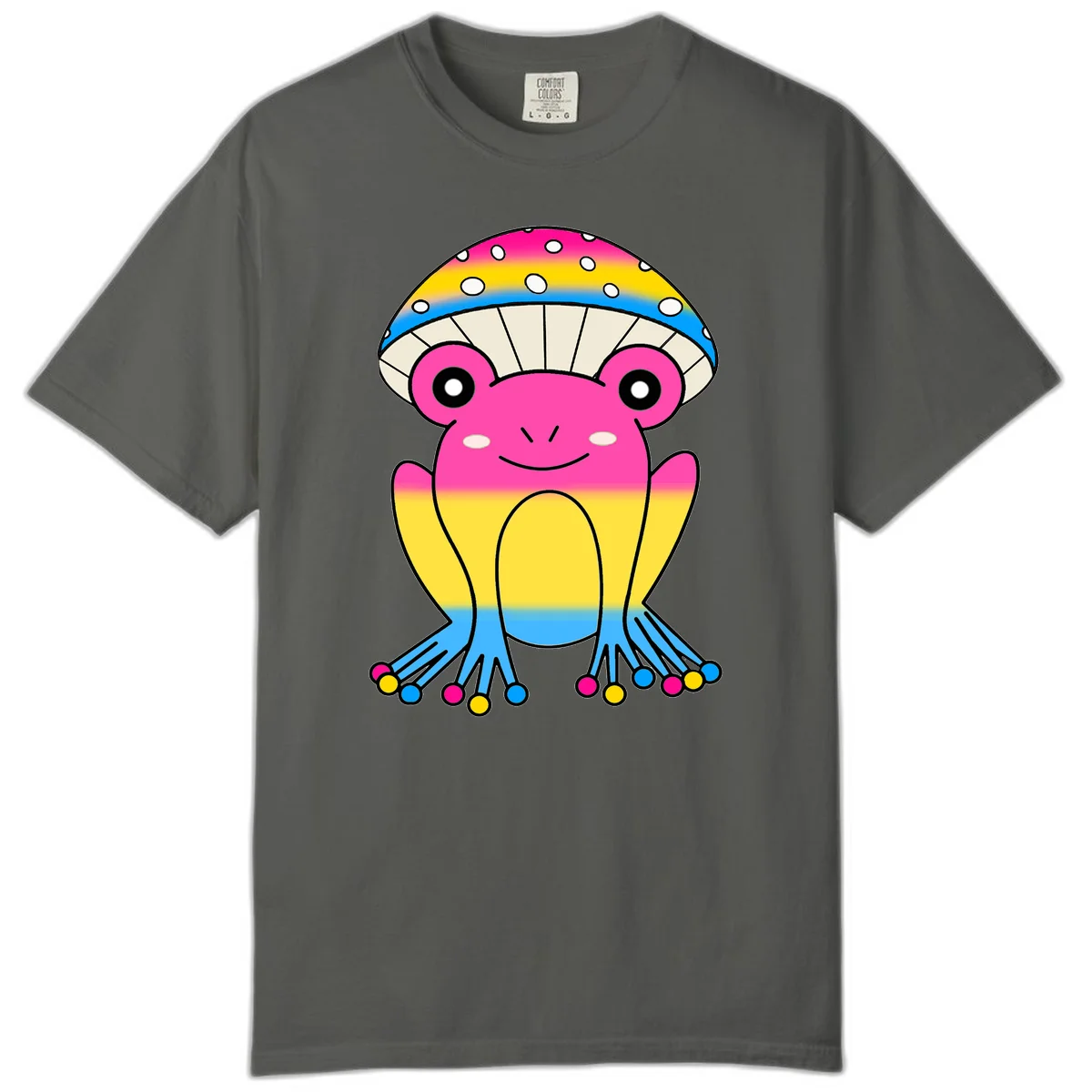 Smiling rainbow jellyfish character with magenta body, gradient stripes, large eyes, and colorful polka-dot tentacles in Pepper