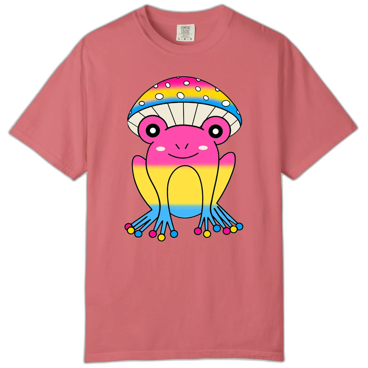 Smiling rainbow jellyfish character with magenta body, gradient stripes, large eyes, and colorful polka-dot tentacles in Watermelon