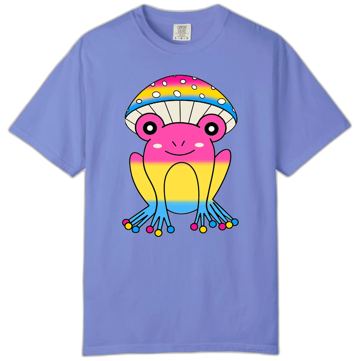 Smiling rainbow jellyfish character with magenta body, gradient stripes, large eyes, and colorful polka-dot tentacles in Flo Blue