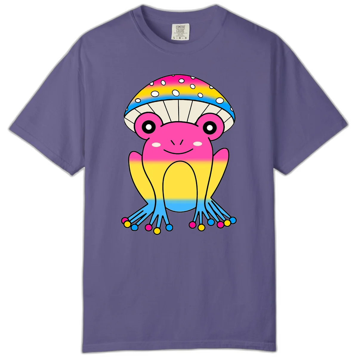 Smiling rainbow jellyfish character with magenta body, gradient stripes, large eyes, and colorful polka-dot tentacles in Grape