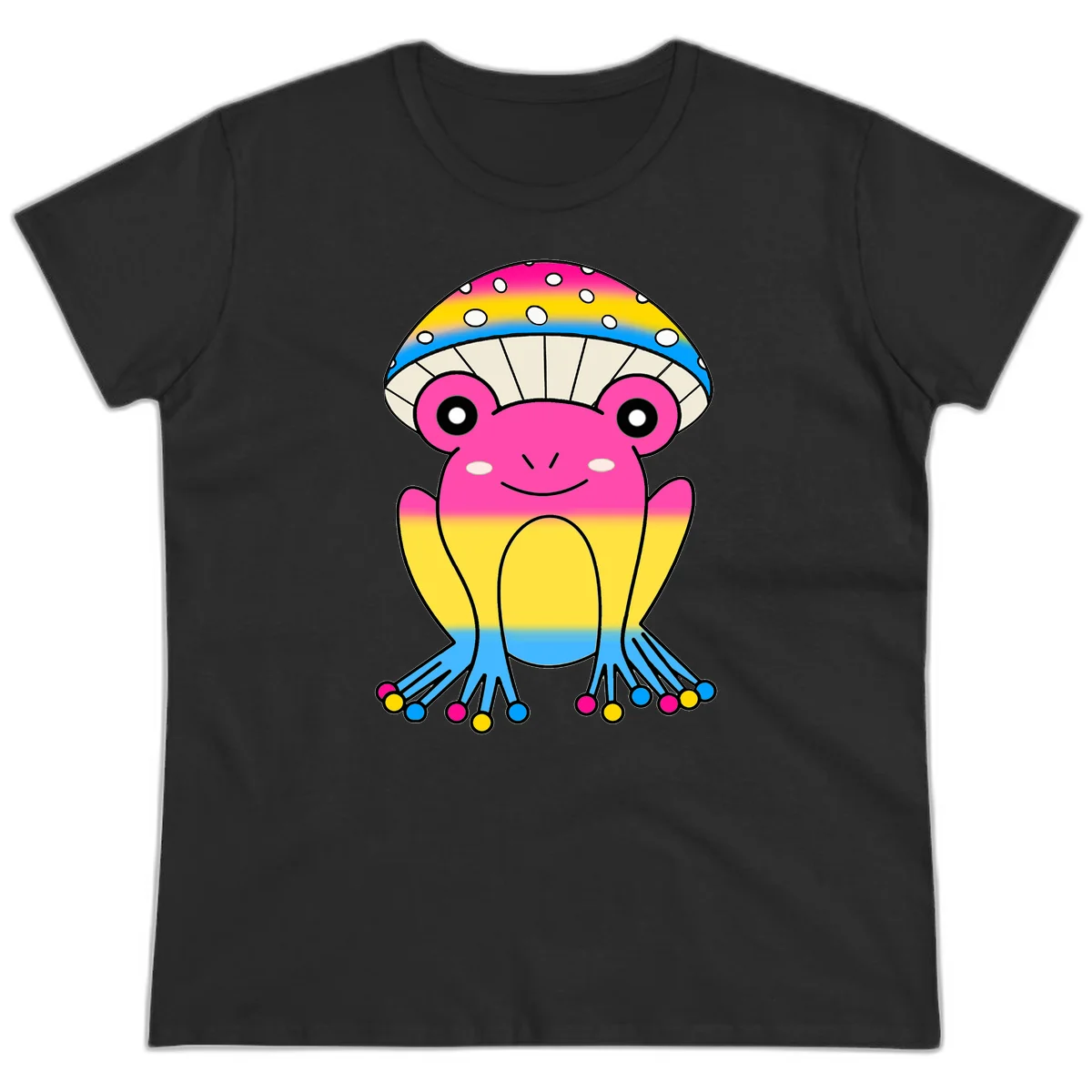 Smiling rainbow jellyfish character with magenta body, gradient stripes, large eyes, and colorful polka-dot tentacles in Black