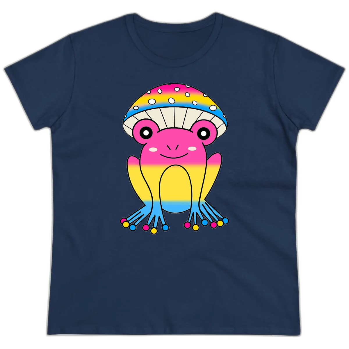 Smiling rainbow jellyfish character with magenta body, gradient stripes, large eyes, and colorful polka-dot tentacles in Navy