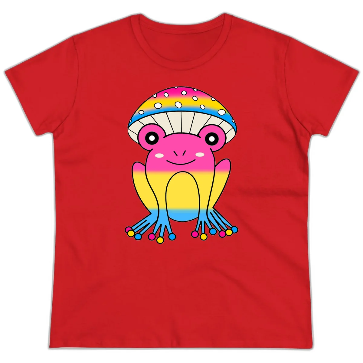 Smiling rainbow jellyfish character with magenta body, gradient stripes, large eyes, and colorful polka-dot tentacles in Red