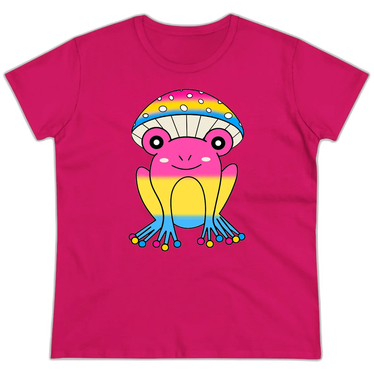 Smiling rainbow jellyfish character with magenta body, gradient stripes, large eyes, and colorful polka-dot tentacles in Heliconia