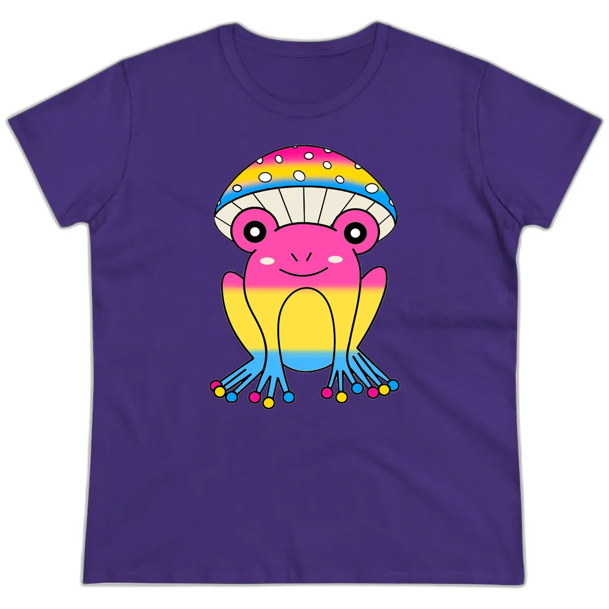 Smiling rainbow jellyfish character with magenta body, gradient stripes, large eyes, and colorful polka-dot tentacles in Purple