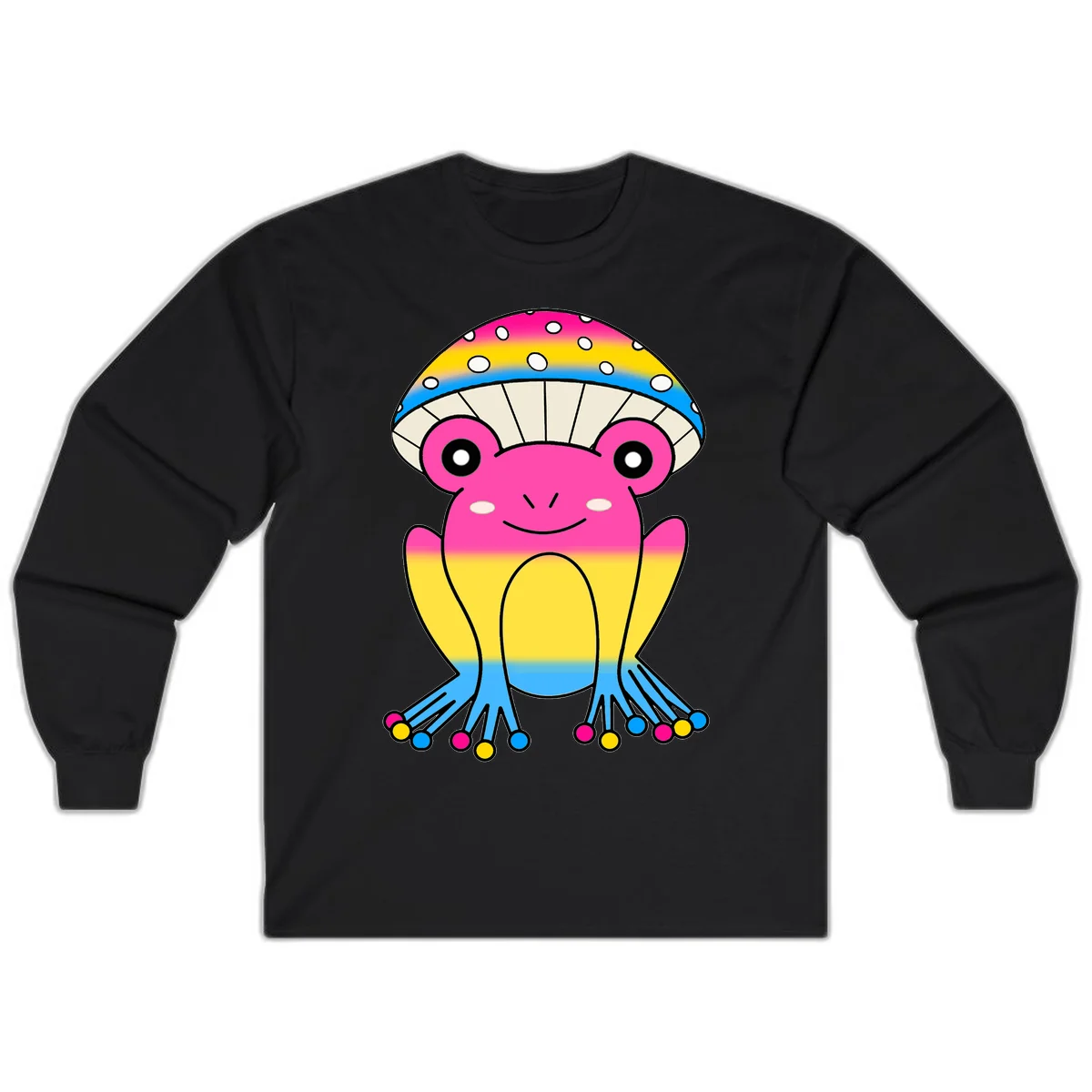 Smiling rainbow jellyfish character with magenta body, gradient stripes, large eyes, and colorful polka-dot tentacles in Black