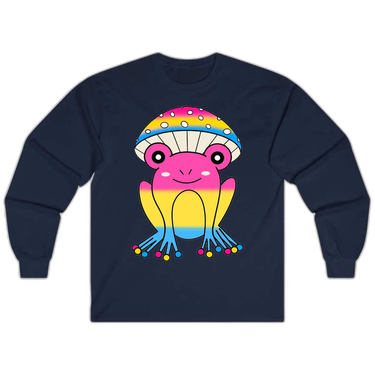 Smiling rainbow jellyfish character with magenta body, gradient stripes, large eyes, and colorful polka-dot tentacles in Navy