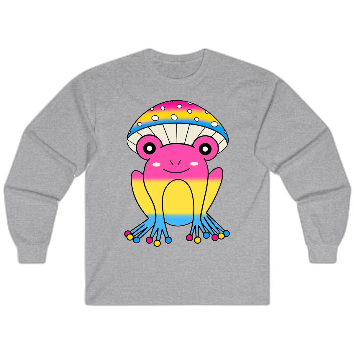 Smiling rainbow jellyfish character with magenta body, gradient stripes, large eyes, and colorful polka-dot tentacles in Sport Grey