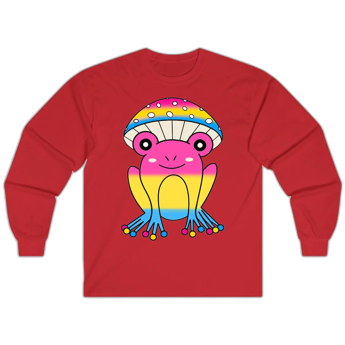 Smiling rainbow jellyfish character with magenta body, gradient stripes, large eyes, and colorful polka-dot tentacles in Red