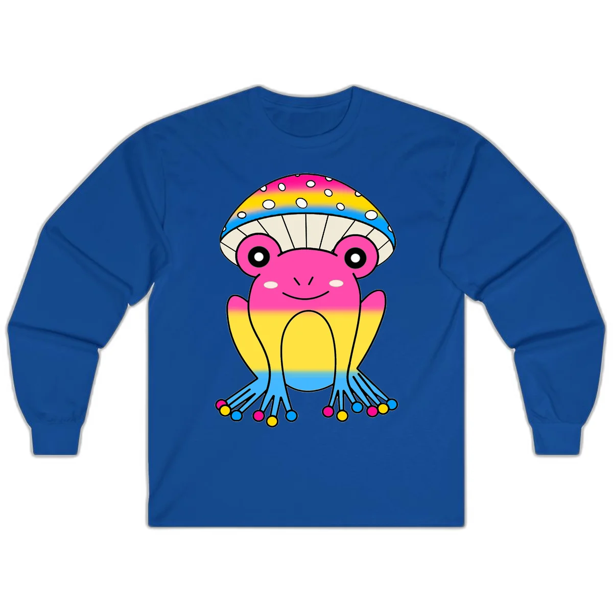 Smiling rainbow jellyfish character with magenta body, gradient stripes, large eyes, and colorful polka-dot tentacles in Royal
