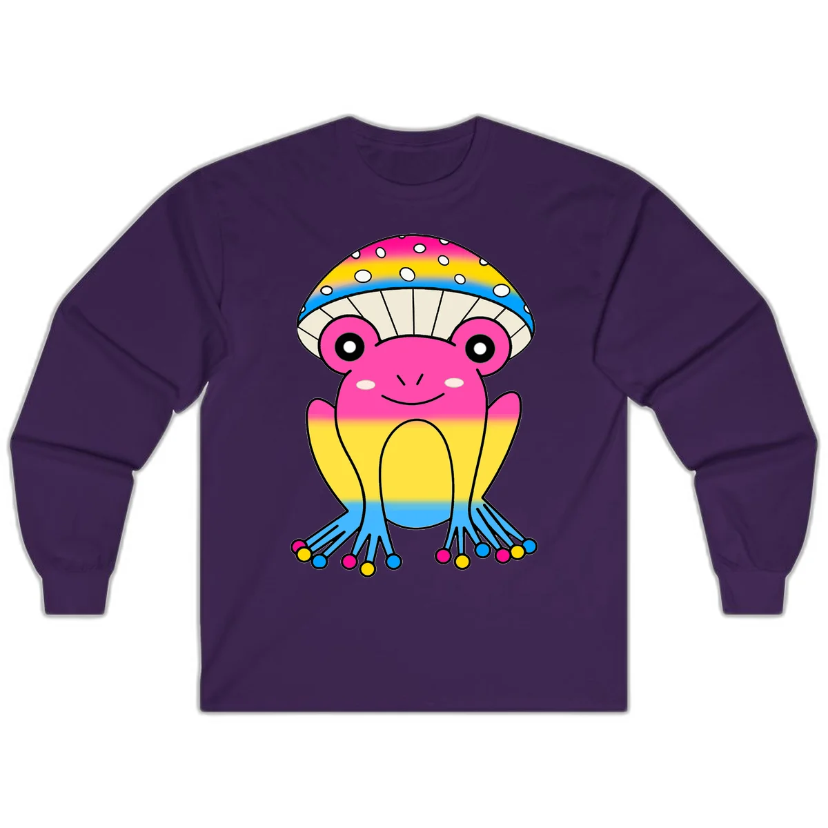 Smiling rainbow jellyfish character with magenta body, gradient stripes, large eyes, and colorful polka-dot tentacles in Purple