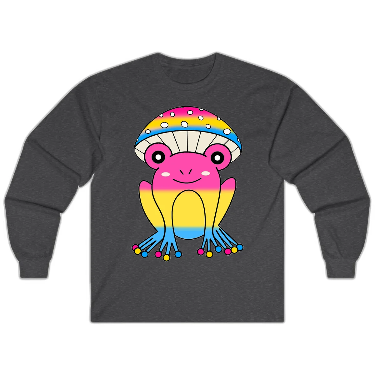 Smiling rainbow jellyfish character with magenta body, gradient stripes, large eyes, and colorful polka-dot tentacles in Dark Heather