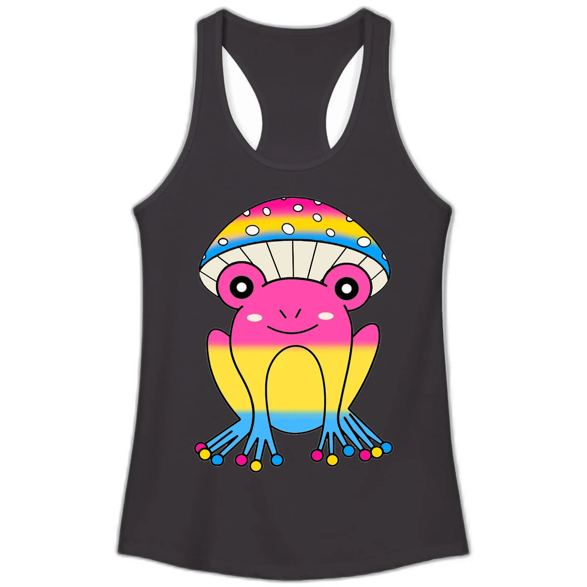 Smiling rainbow jellyfish character with magenta body, gradient stripes, large eyes, and colorful polka-dot tentacles in Black