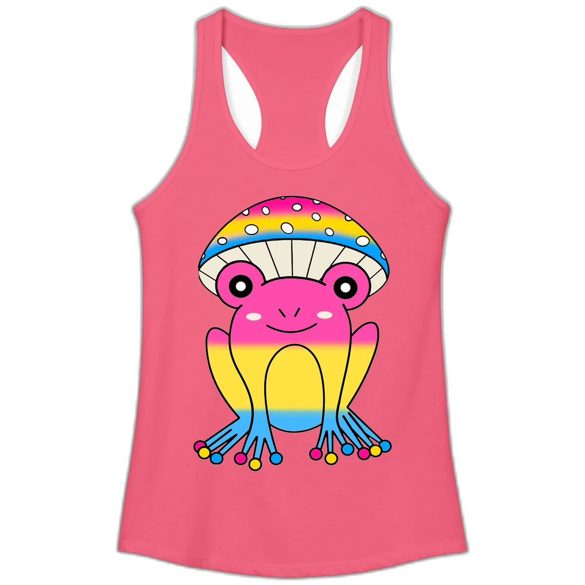 Smiling rainbow jellyfish character with magenta body, gradient stripes, large eyes, and colorful polka-dot tentacles in Hot Pink
