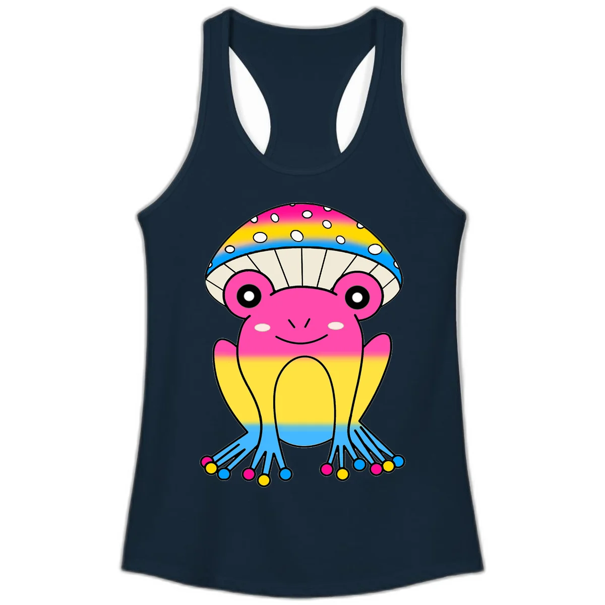 Smiling rainbow jellyfish character with magenta body, gradient stripes, large eyes, and colorful polka-dot tentacles in Solid Midnight Navy