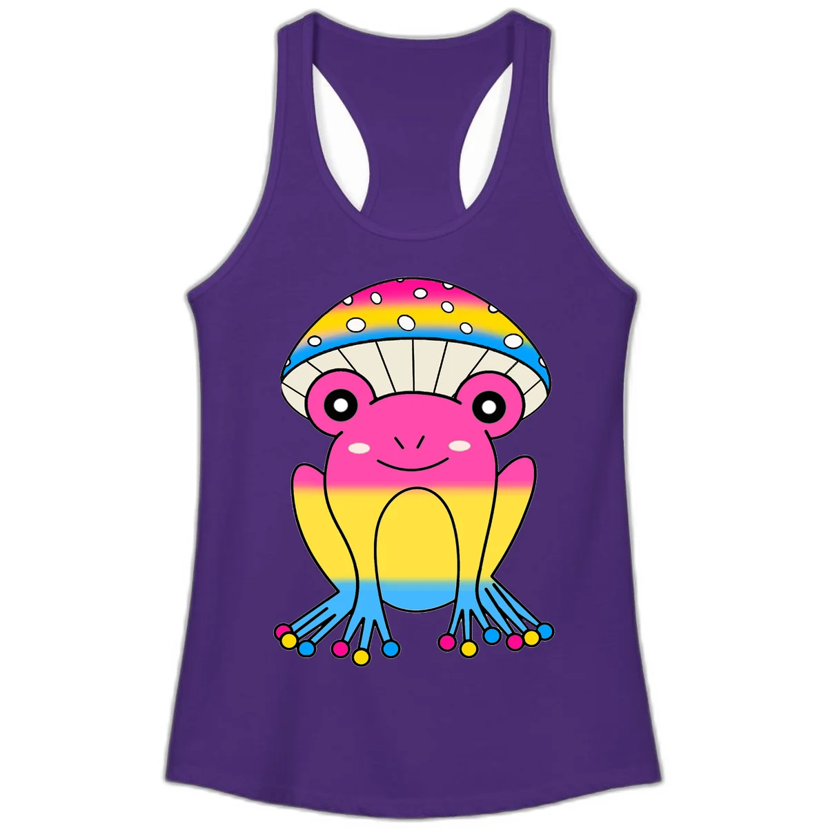 Smiling rainbow jellyfish character with magenta body, gradient stripes, large eyes, and colorful polka-dot tentacles in Solid Purple Rush