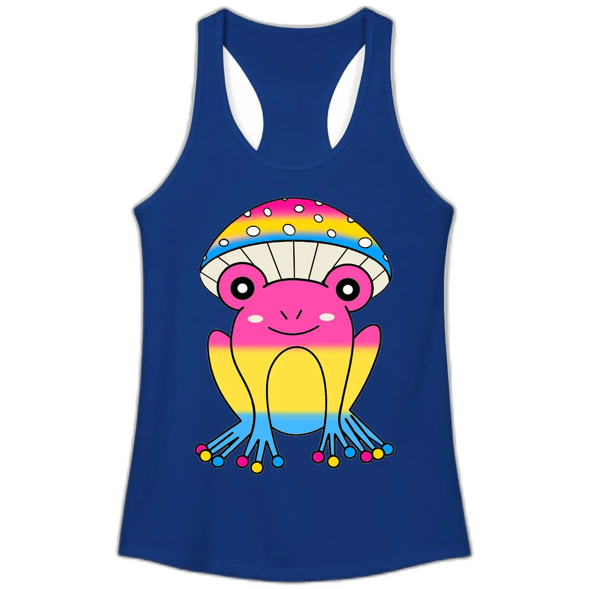 Smiling rainbow jellyfish character with magenta body, gradient stripes, large eyes, and colorful polka-dot tentacles in Solid Royal