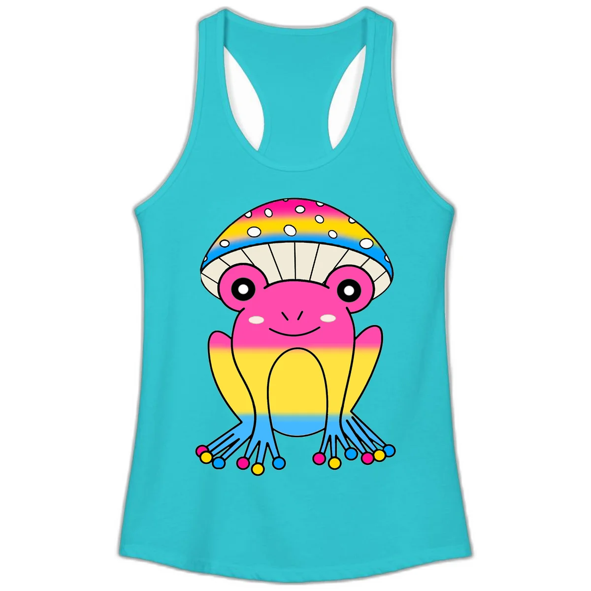 Smiling rainbow jellyfish character with magenta body, gradient stripes, large eyes, and colorful polka-dot tentacles in Solid Tahiti Blue