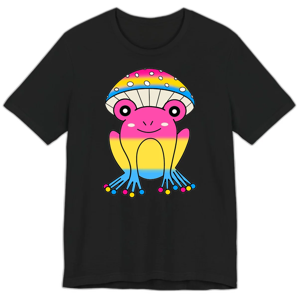 Smiling rainbow jellyfish character with magenta body, gradient stripes, large eyes, and colorful polka-dot tentacles in Black