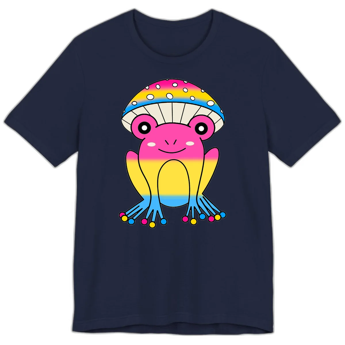 Smiling rainbow jellyfish character with magenta body, gradient stripes, large eyes, and colorful polka-dot tentacles in Navy