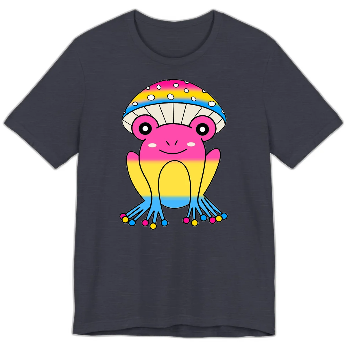Smiling rainbow jellyfish character with magenta body, gradient stripes, large eyes, and colorful polka-dot tentacles in Heather Midnight Navy