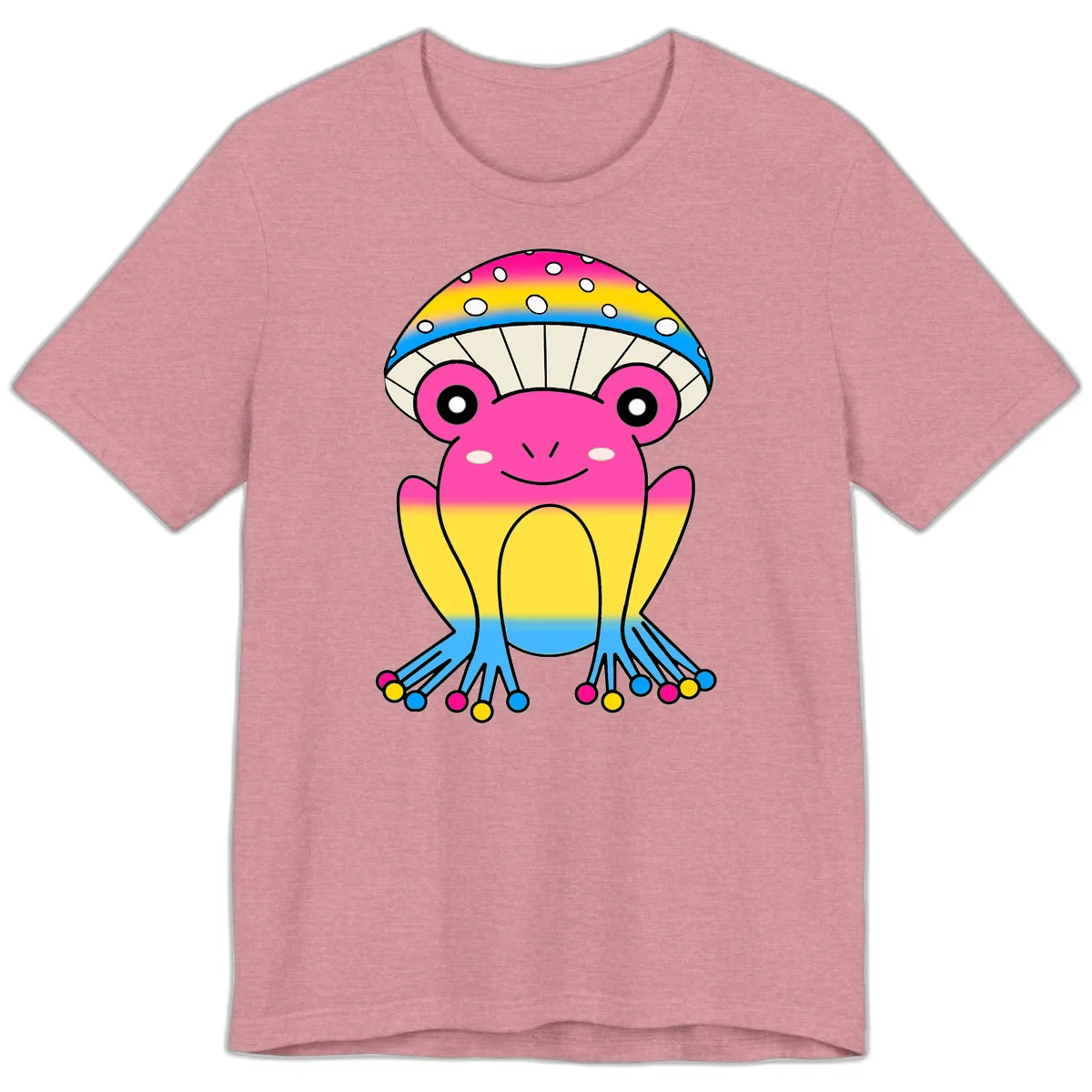 Smiling rainbow jellyfish character with magenta body, gradient stripes, large eyes, and colorful polka-dot tentacles in Heather Orchid
