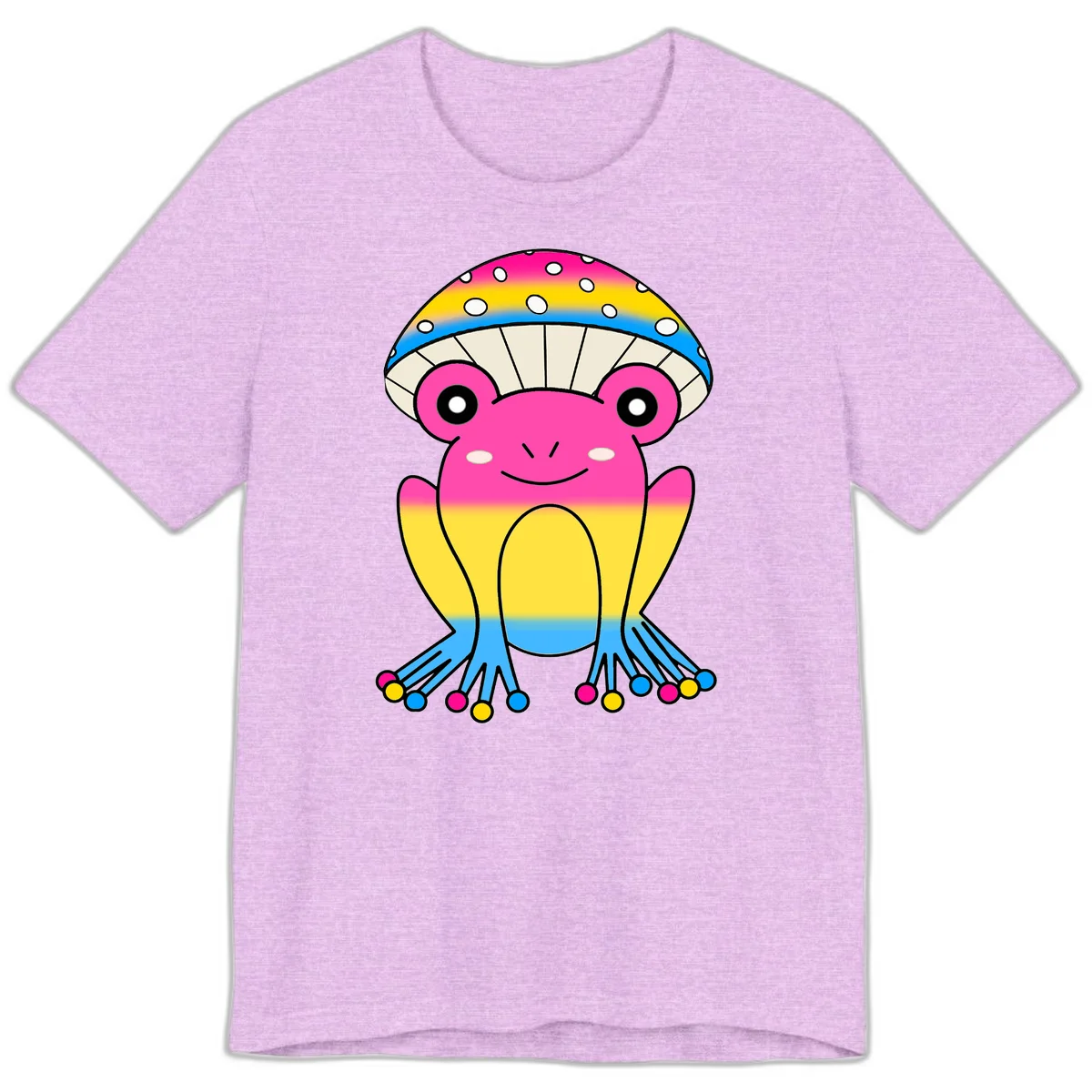 Smiling rainbow jellyfish character with magenta body, gradient stripes, large eyes, and colorful polka-dot tentacles in Heather Prism Lilac