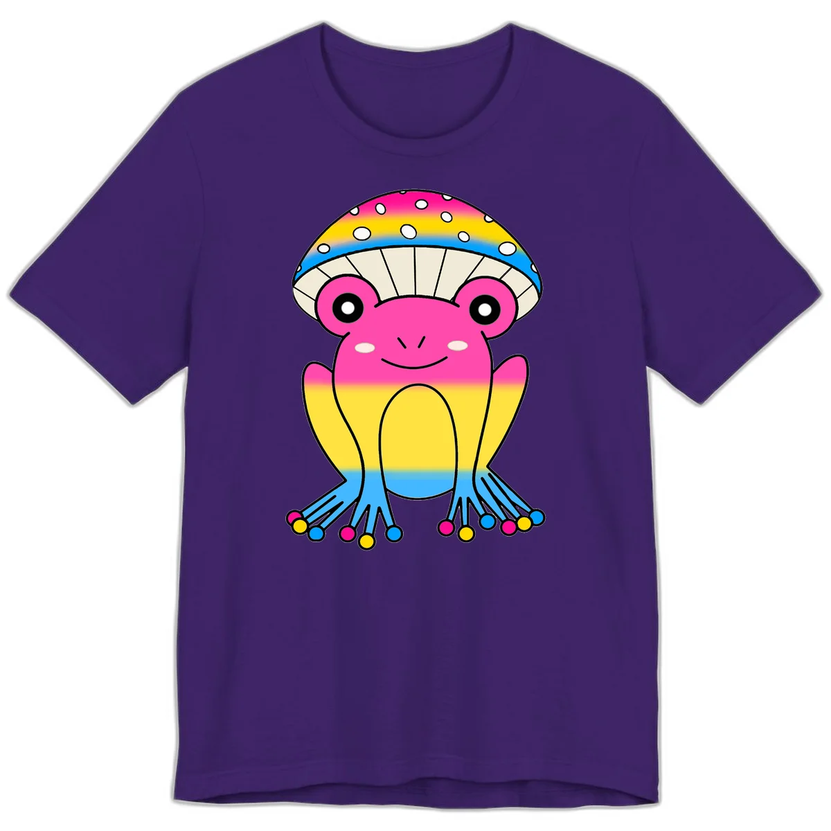 Smiling rainbow jellyfish character with magenta body, gradient stripes, large eyes, and colorful polka-dot tentacles in Team Purple