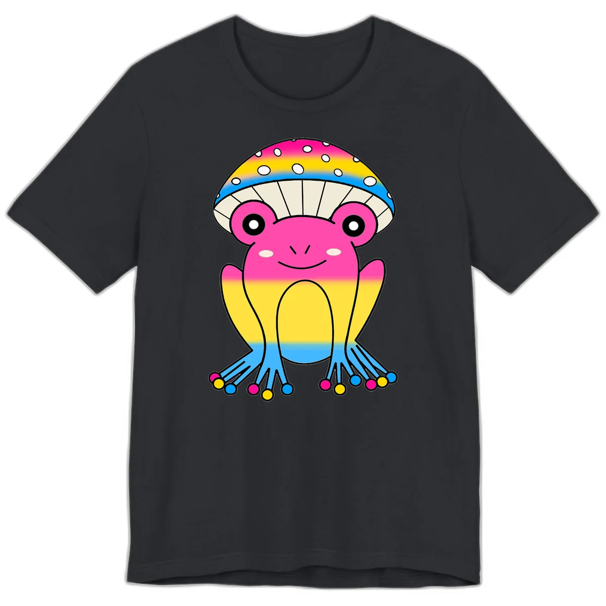 Smiling rainbow jellyfish character with magenta body, gradient stripes, large eyes, and colorful polka-dot tentacles in Vintage Black