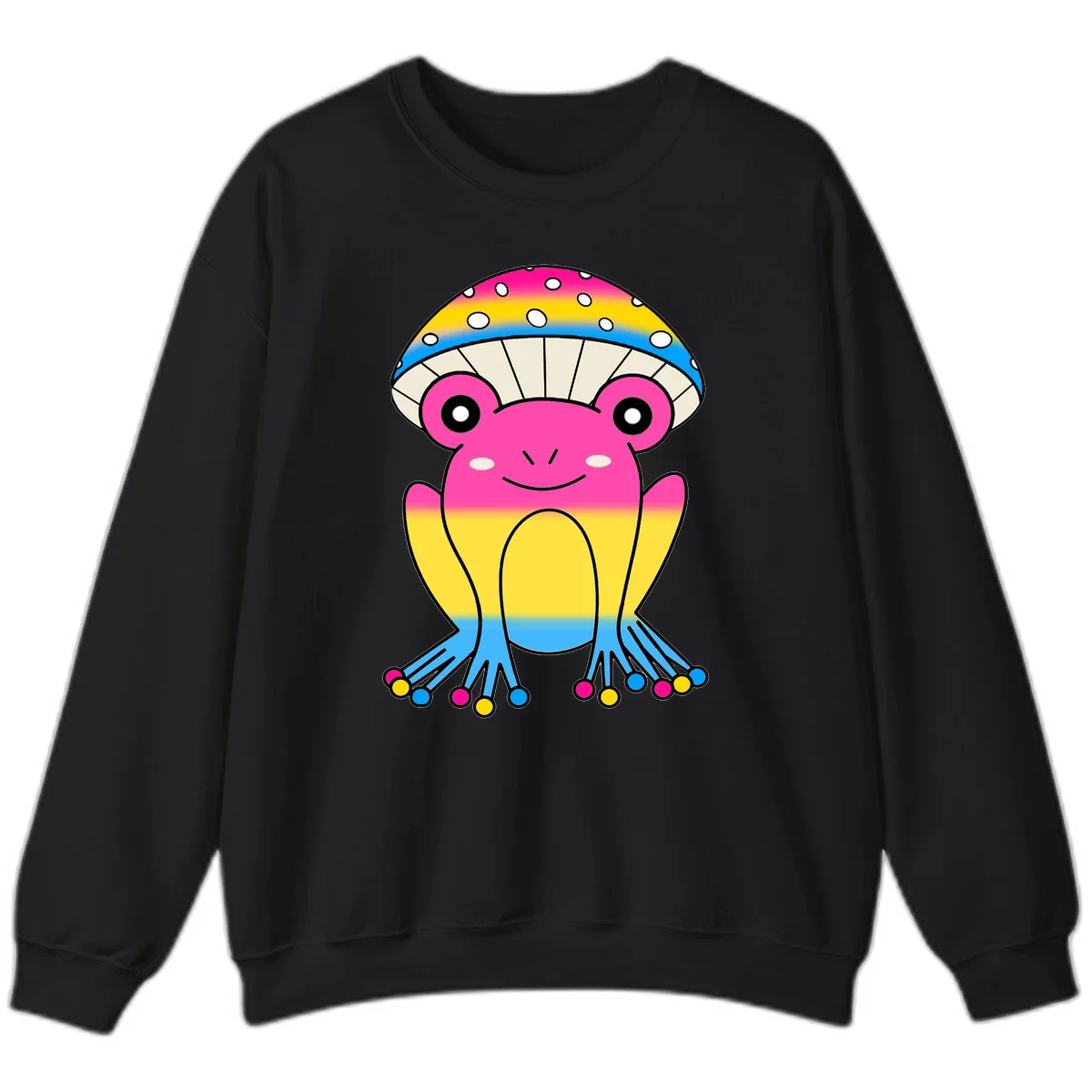 Smiling rainbow jellyfish character with magenta body, gradient stripes, large eyes, and colorful polka-dot tentacles in Black