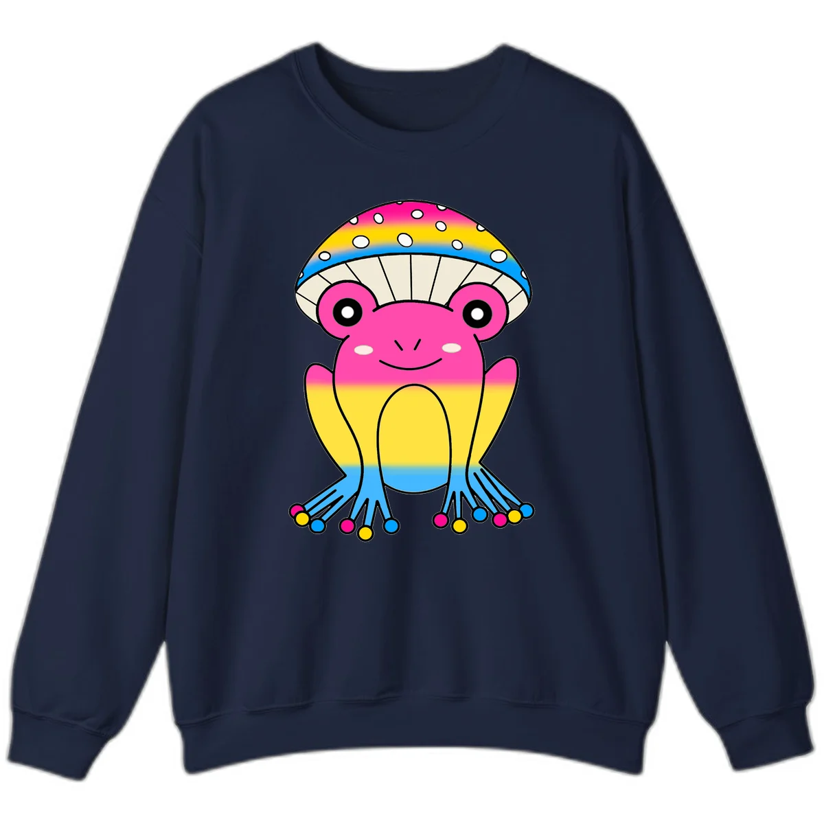 Smiling rainbow jellyfish character with magenta body, gradient stripes, large eyes, and colorful polka-dot tentacles in Navy