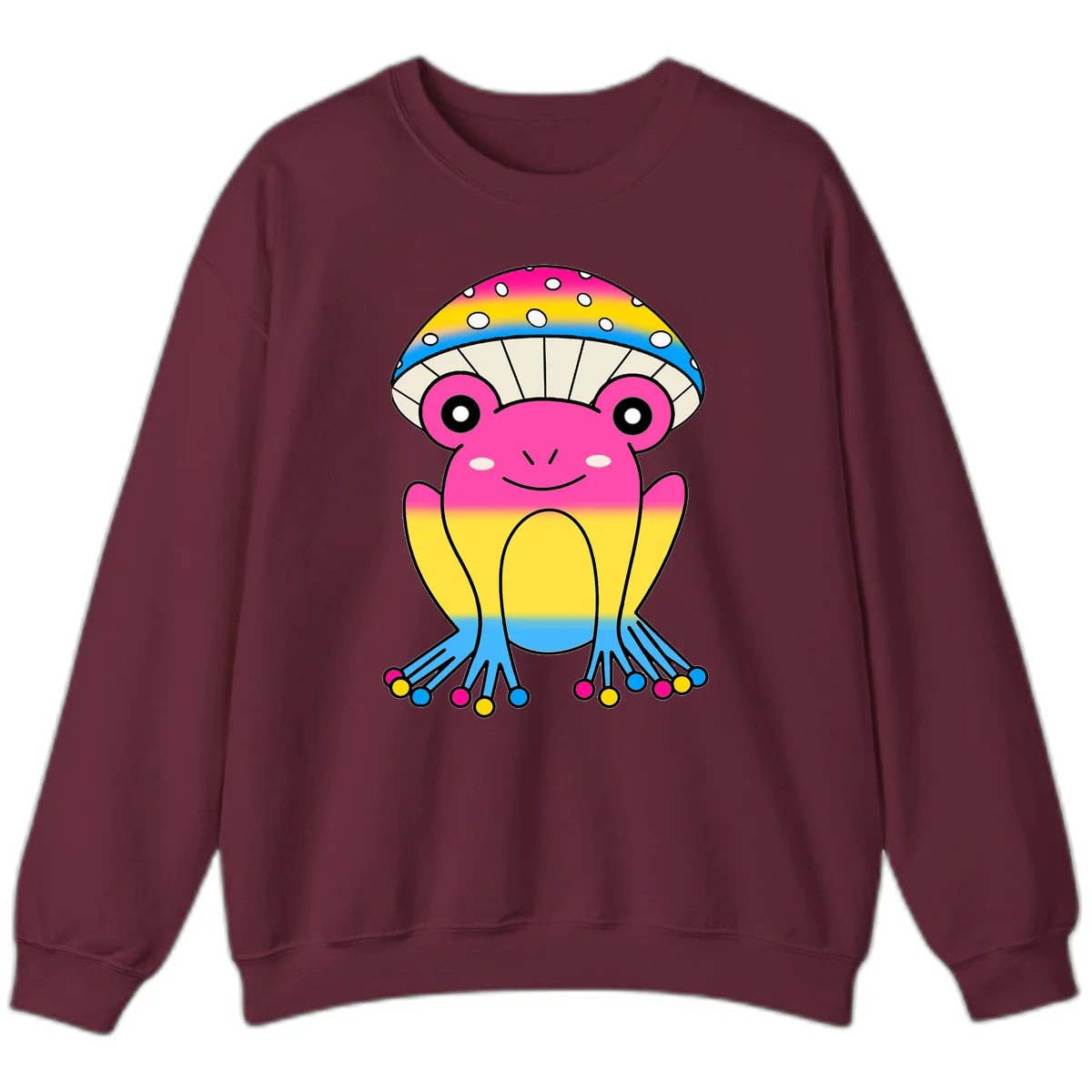 Smiling rainbow jellyfish character with magenta body, gradient stripes, large eyes, and colorful polka-dot tentacles in Maroon