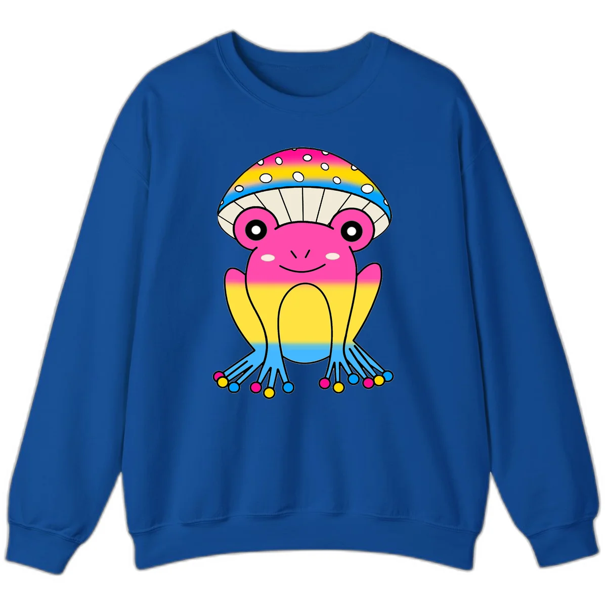 Smiling rainbow jellyfish character with magenta body, gradient stripes, large eyes, and colorful polka-dot tentacles in Royal