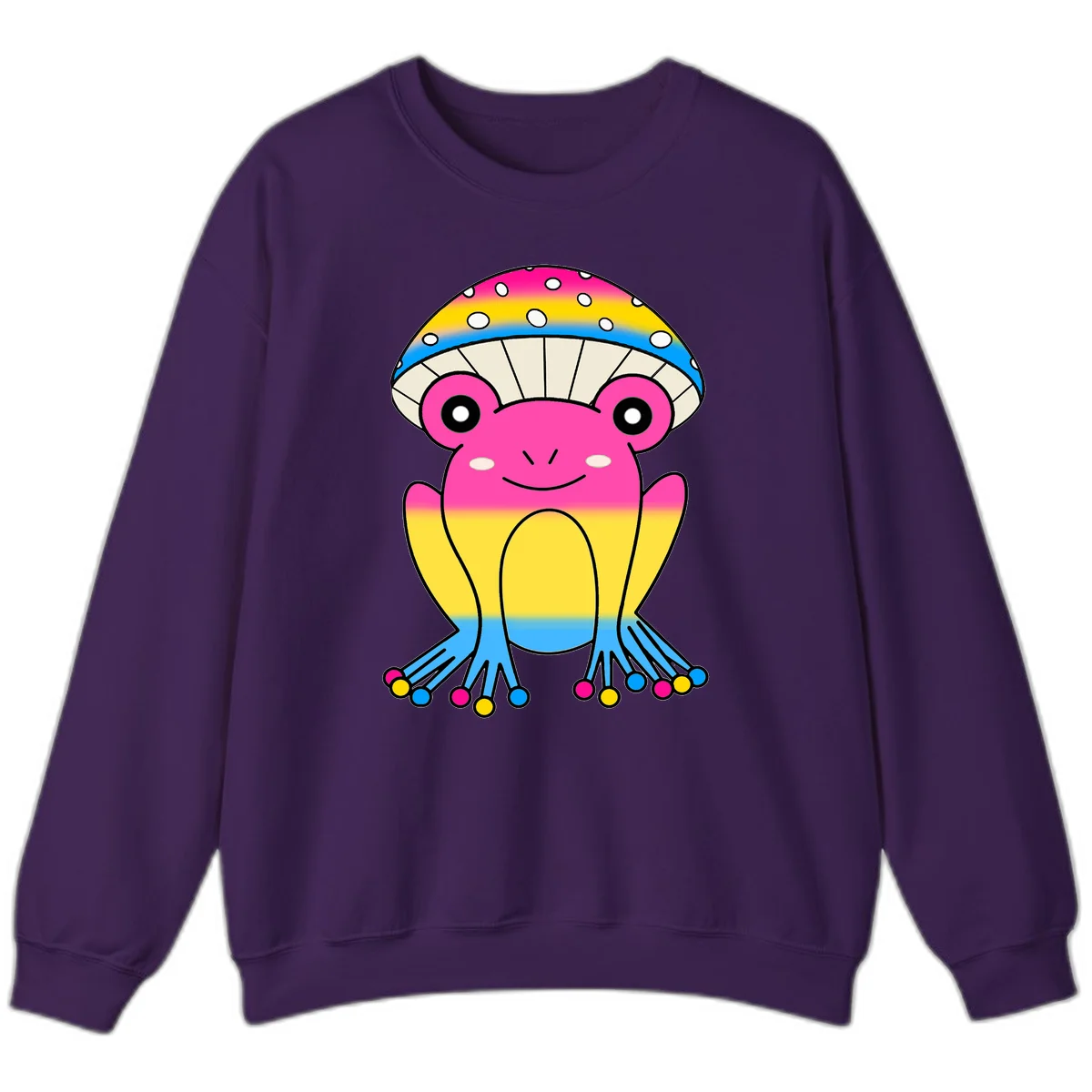 Smiling rainbow jellyfish character with magenta body, gradient stripes, large eyes, and colorful polka-dot tentacles in Purple