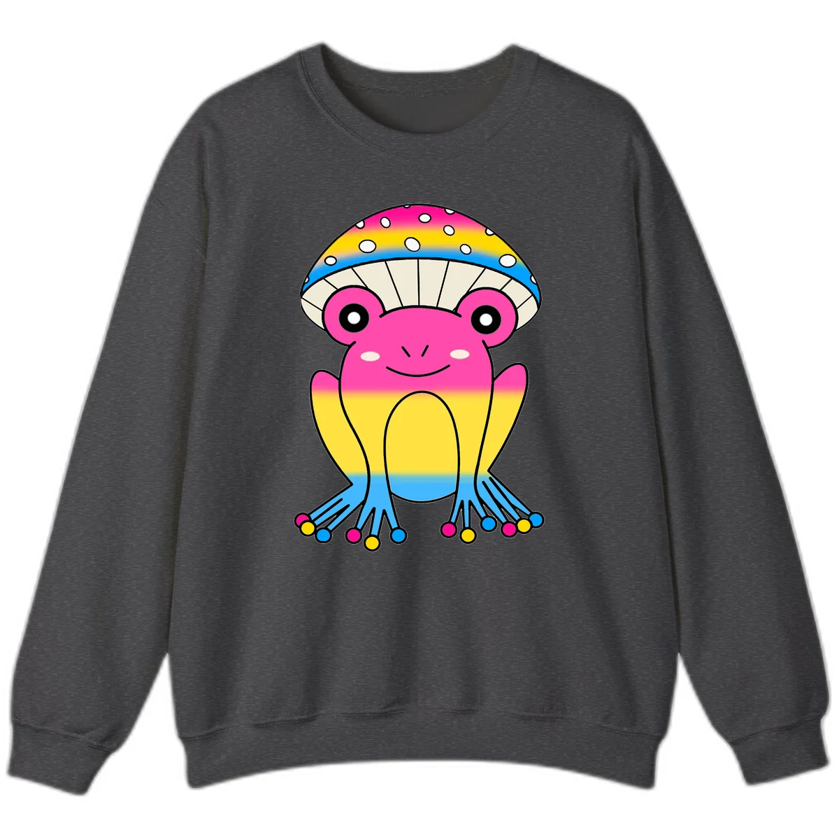 Smiling rainbow jellyfish character with magenta body, gradient stripes, large eyes, and colorful polka-dot tentacles in Dark Heather