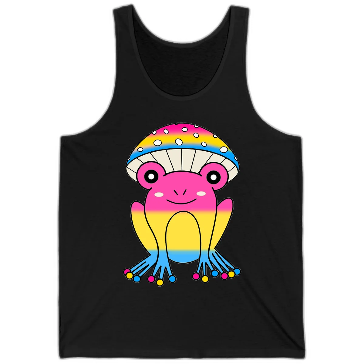 Smiling rainbow jellyfish character with magenta body, gradient stripes, large eyes, and colorful polka-dot tentacles in Black