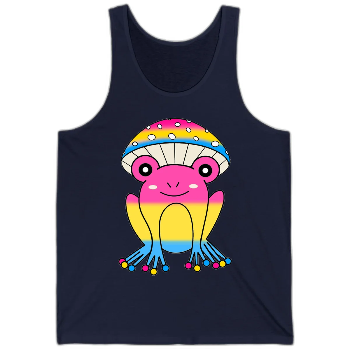 Smiling rainbow jellyfish character with magenta body, gradient stripes, large eyes, and colorful polka-dot tentacles in Navy