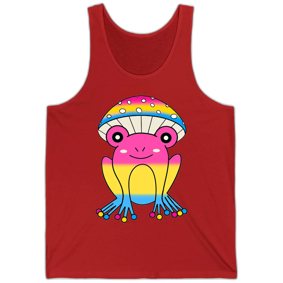 Smiling rainbow jellyfish character with magenta body, gradient stripes, large eyes, and colorful polka-dot tentacles in Red