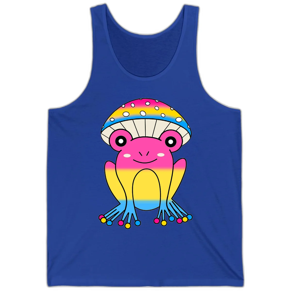 Smiling rainbow jellyfish character with magenta body, gradient stripes, large eyes, and colorful polka-dot tentacles in True Royal