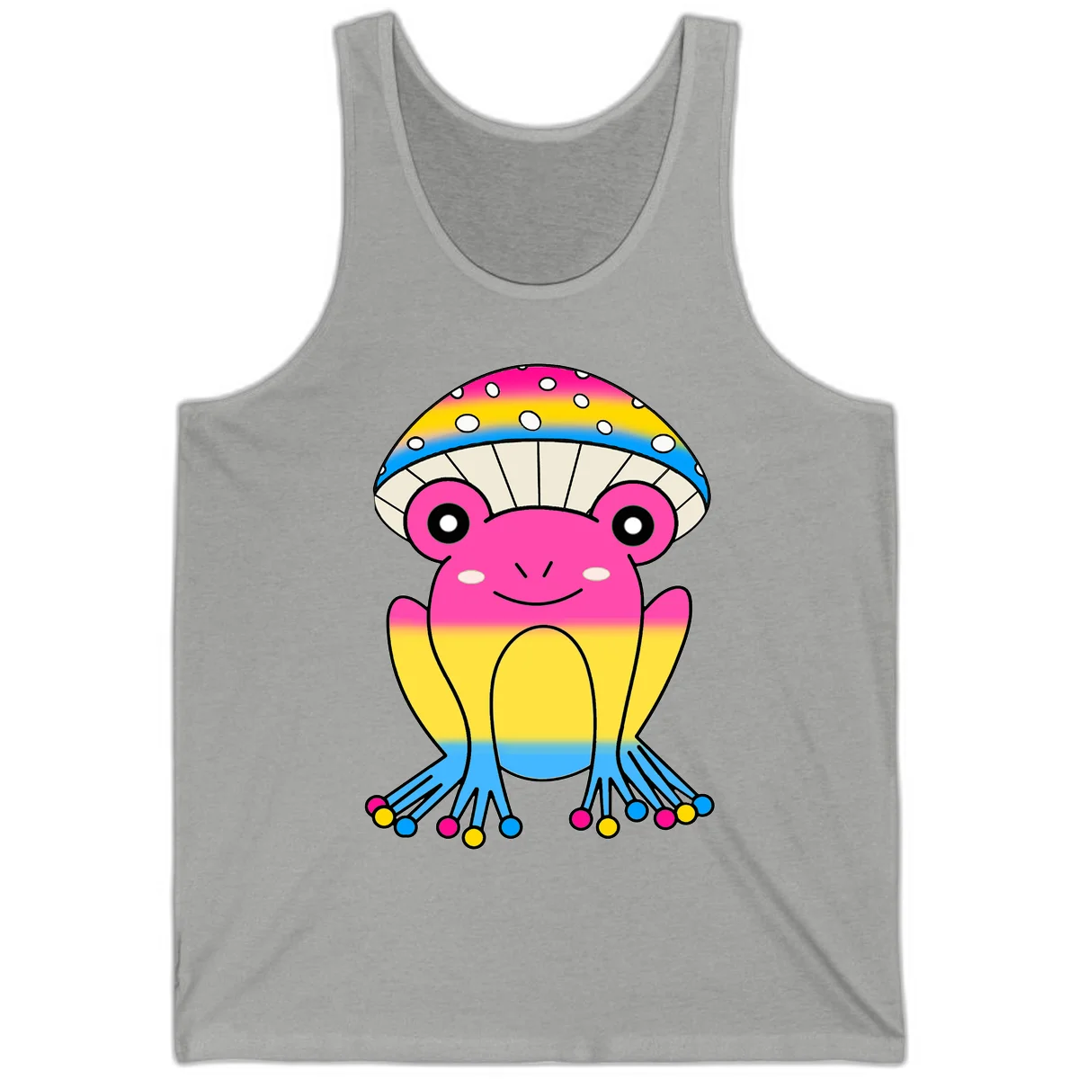 Smiling rainbow jellyfish character with magenta body, gradient stripes, large eyes, and colorful polka-dot tentacles in Athletic Heather