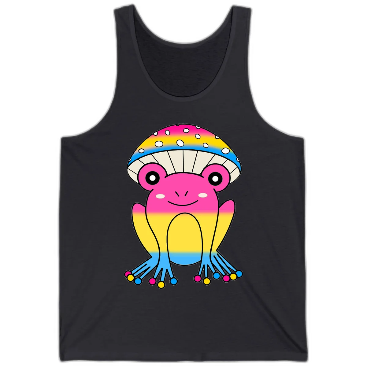 Smiling rainbow jellyfish character with magenta body, gradient stripes, large eyes, and colorful polka-dot tentacles in Dark Grey