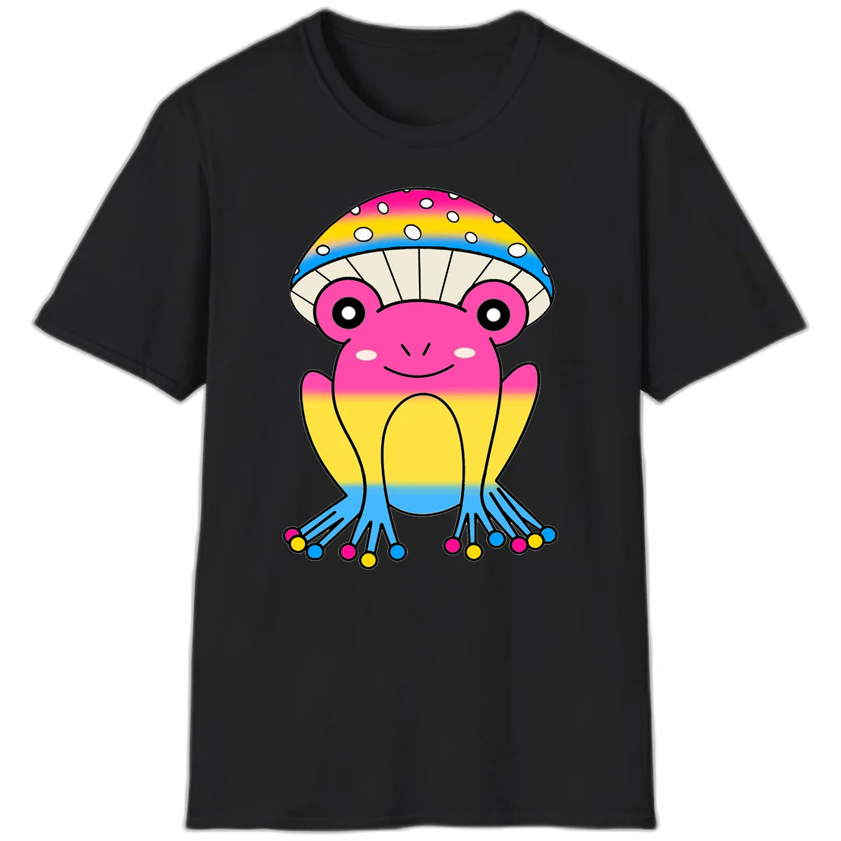 Smiling rainbow jellyfish character with magenta body, gradient stripes, large eyes, and colorful polka-dot tentacles in Black