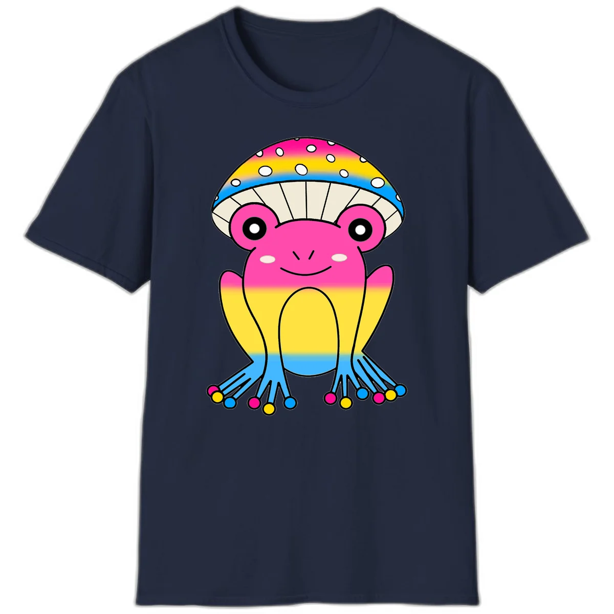 Smiling rainbow jellyfish character with magenta body, gradient stripes, large eyes, and colorful polka-dot tentacles in Navy
