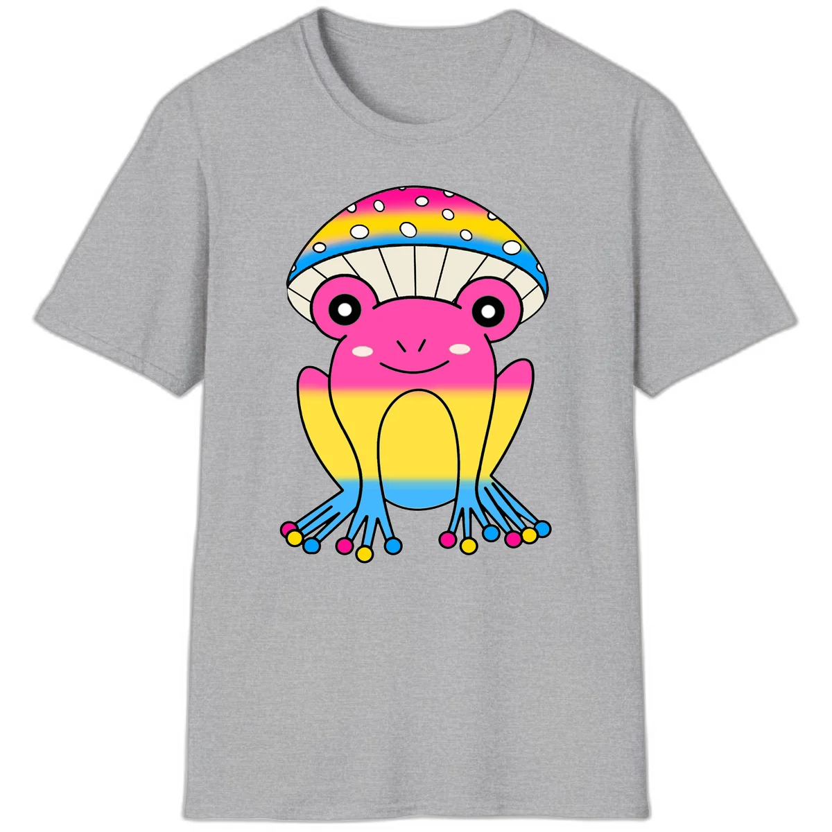 Smiling rainbow jellyfish character with magenta body, gradient stripes, large eyes, and colorful polka-dot tentacles in Sport Grey