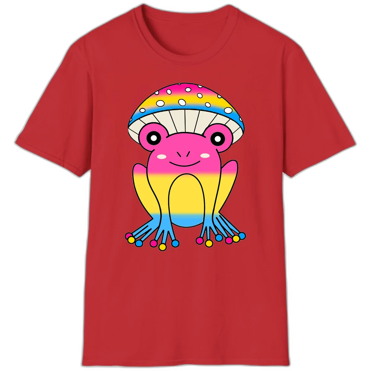 Smiling rainbow jellyfish character with magenta body, gradient stripes, large eyes, and colorful polka-dot tentacles in Red